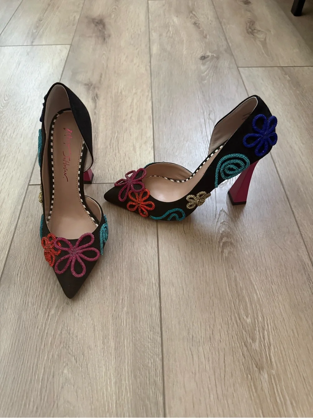 Betsey Johnson Black Pointed Toe Heels with Pink, Red, Teal, Blue Beaded Flowers